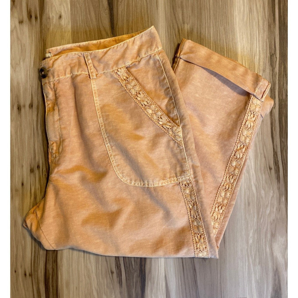 Coldwater Creek Peach Orange Linen Cotton Lace Trim Cropped Pants Capris Size 18